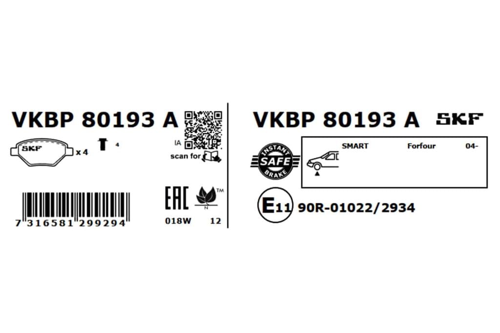 Jogo de 4 pastilhas de travão SKF ref. VKBP 80193 A